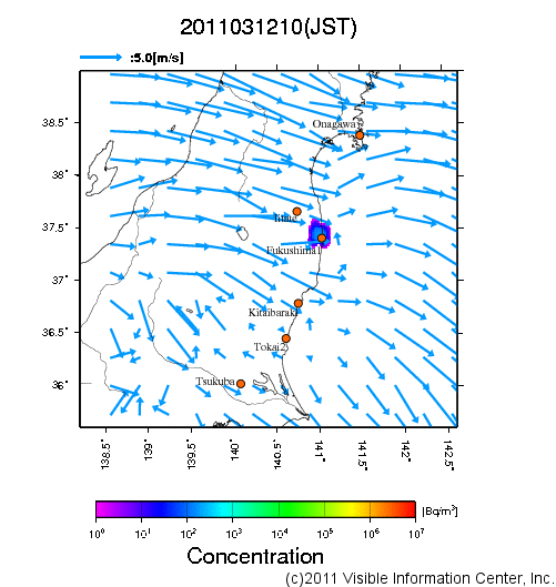 地表付近 大気中濃度分布[Bq/m3]　2011-03-12 10時