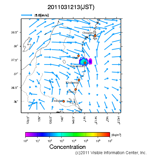 大気中濃度分布[Bq/m3]　2011031213