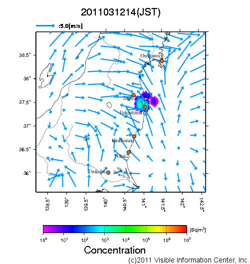 大気中濃度分布[Bq/m3]　2011031214