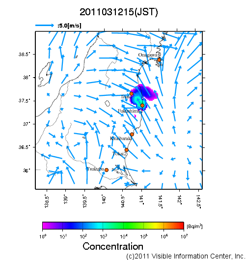 大気中濃度分布[Bq/m3]　2011031215