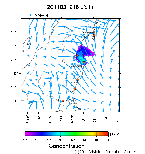 大気中濃度分布[Bq/m3]　2011031216