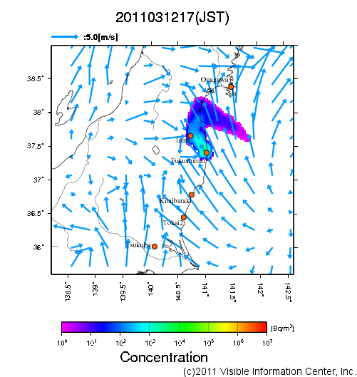 大気中濃度分布[Bq/m3]　2011031217
