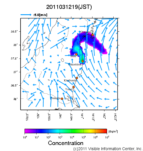 大気中濃度分布[Bq/m3]　2011031219