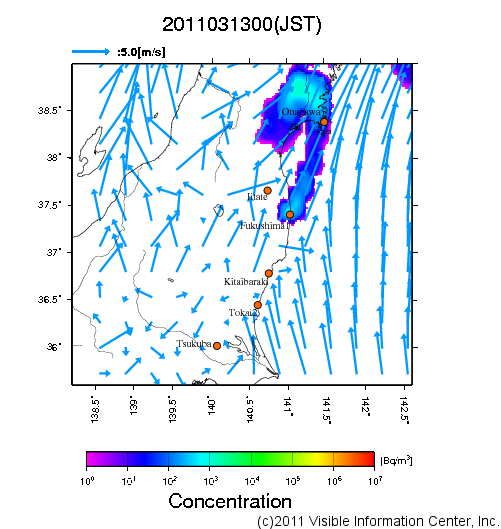 大気中濃度分布[Bq/m3]　2011031300