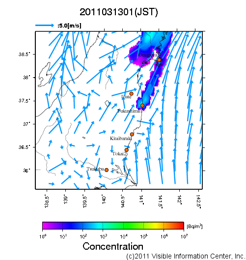 大気中濃度分布[Bq/m3]　2011031301
