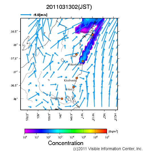 大気中濃度分布[Bq/m3]　2011031302