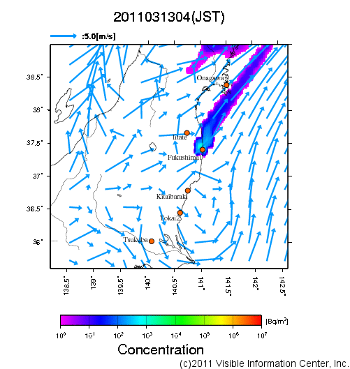 大気中濃度分布[Bq/m3]　2011031304