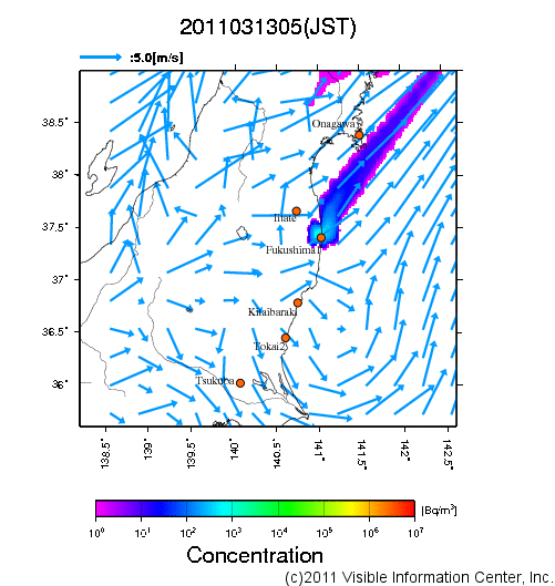 大気中濃度分布[Bq/m3]　2011031305