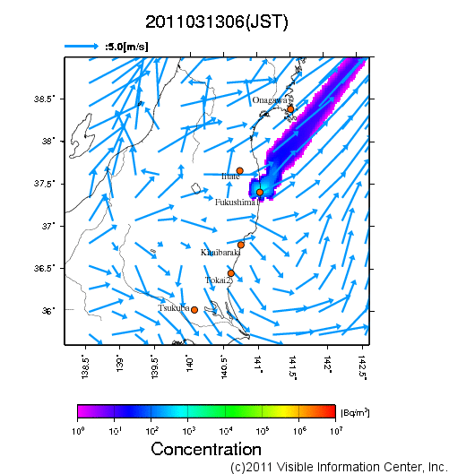 大気中濃度分布[Bq/m3]　2011031306