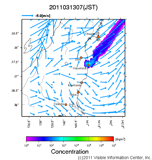 大気中濃度分布[Bq/m3]　2011031307