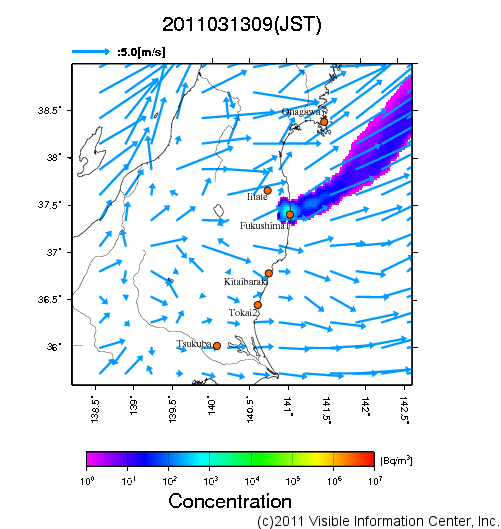 地表付近 大気中濃度分布[Bq/m3]　2011-03-13 09時