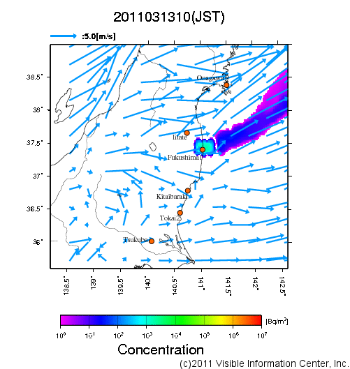 大気中濃度分布[Bq/m3]　2011031310