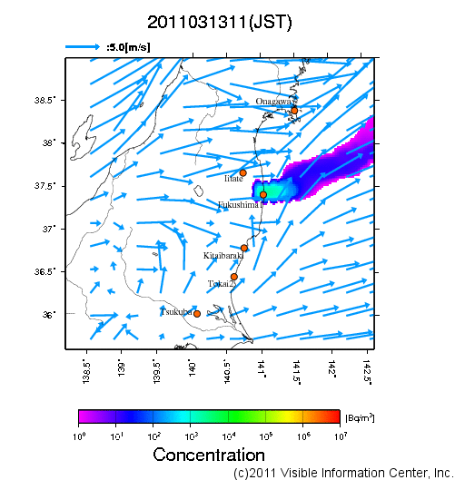 地表付近 大気中濃度分布[Bq/m3]　2011-03-13 11時