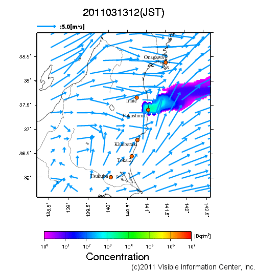 地表付近 大気中濃度分布[Bq/m3]　2011-03-13 12時