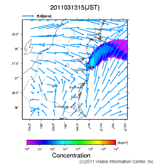 地表付近 大気中濃度分布[Bq/m3]　2011-03-13 15時