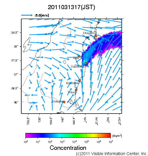 地表付近 大気中濃度分布[Bq/m3]　2011-03-13 17時