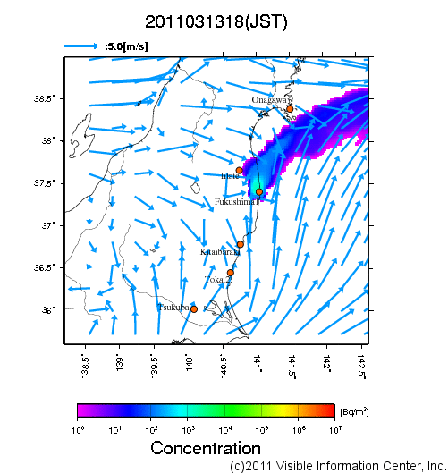 大気中濃度分布[Bq/m3]　2011031318