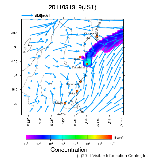 大気中濃度分布[Bq/m3]　2011031319