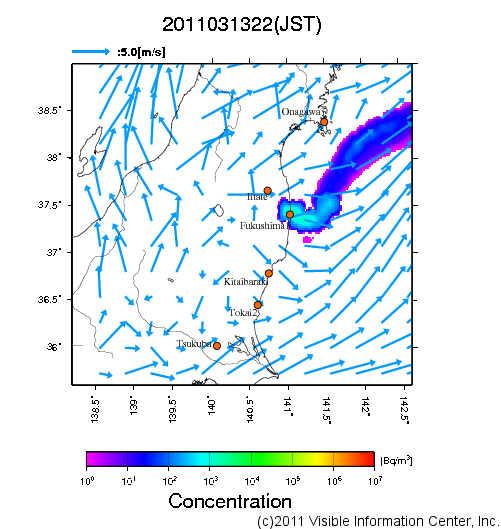 地表付近 大気中濃度分布[Bq/m3]　2011-03-13 22時