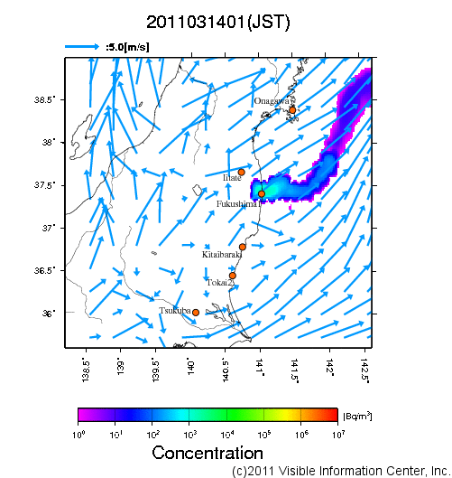 大気中濃度分布[Bq/m3]　2011031401