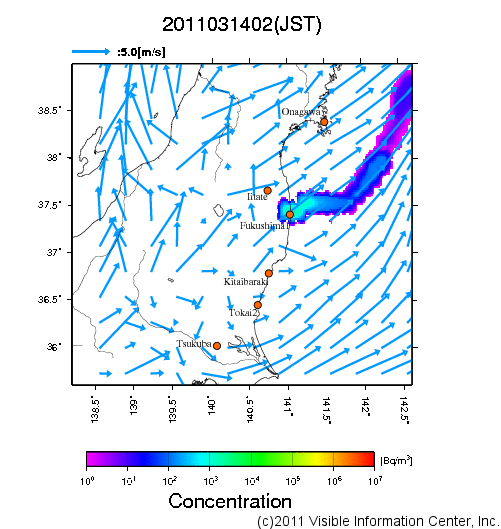 大気中濃度分布[Bq/m3]　2011031402