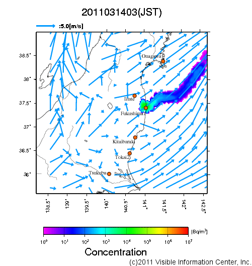 大気中濃度分布[Bq/m3]　2011031403