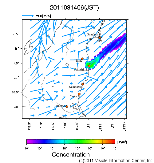 大気中濃度分布[Bq/m3]　2011031406