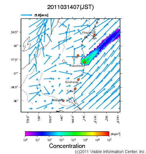 大気中濃度分布[Bq/m3]　2011031407