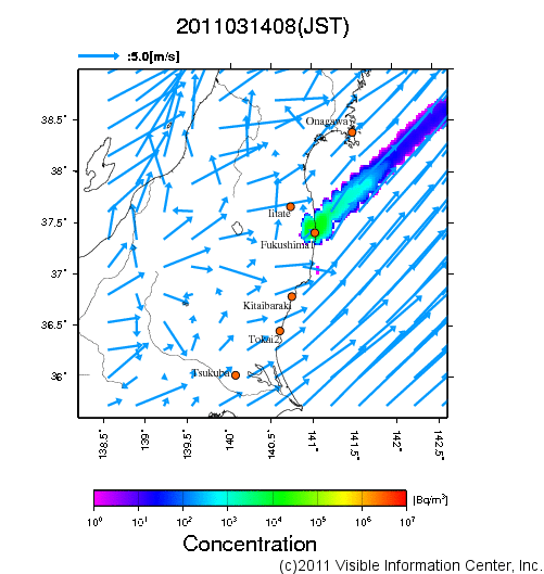 大気中濃度分布[Bq/m3]　2011031408