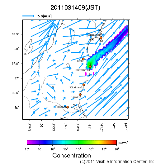 地表付近 大気中濃度分布[Bq/m3]　2011-03-14 09時