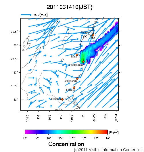 大気中濃度分布[Bq/m3]　2011031410