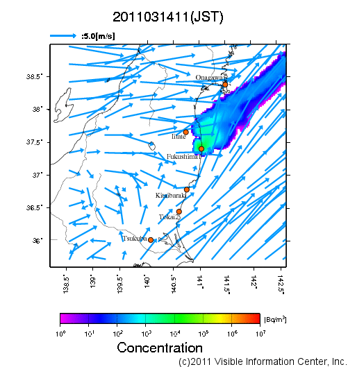 大気中濃度分布[Bq/m3]　2011031411