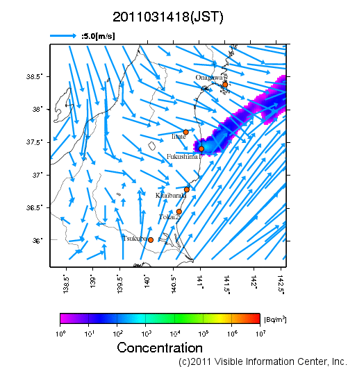 大気中濃度分布[Bq/m3]　2011031418