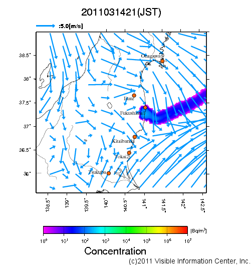 大気中濃度分布[Bq/m3]　2011031421