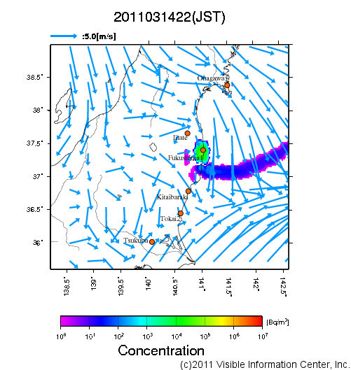 大気中濃度分布[Bq/m3]　2011031422