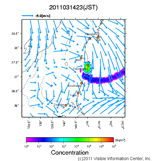 大気中濃度分布[Bq/m3]　2011031423