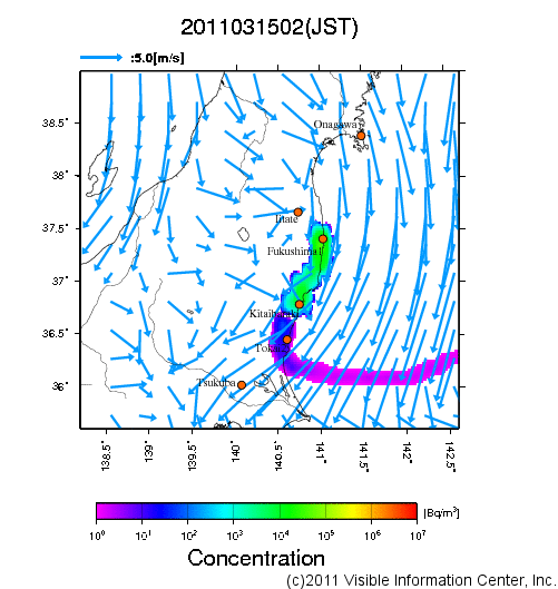 大気中濃度分布[Bq/m3]　2011031502