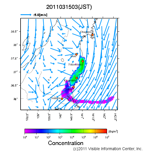 大気中濃度分布[Bq/m3]　2011031503