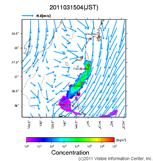 大気中濃度分布[Bq/m3]　2011031504