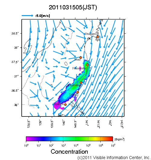 大気中濃度分布[Bq/m3]　2011031505