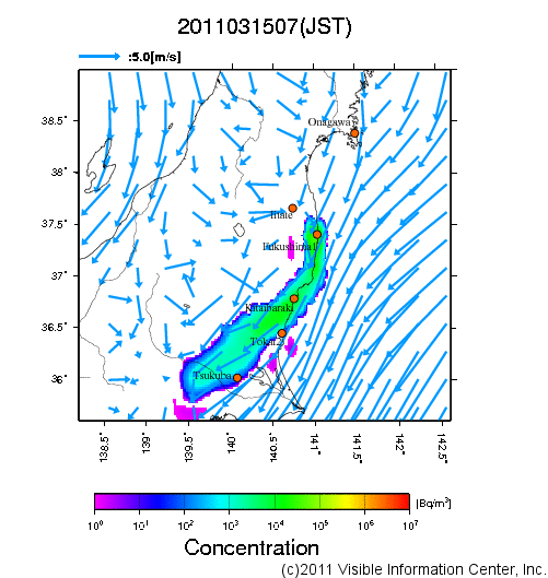 大気中濃度分布[Bq/m3]　2011031507