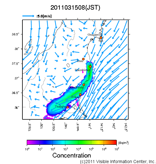 大気中濃度分布[Bq/m3]　2011031508