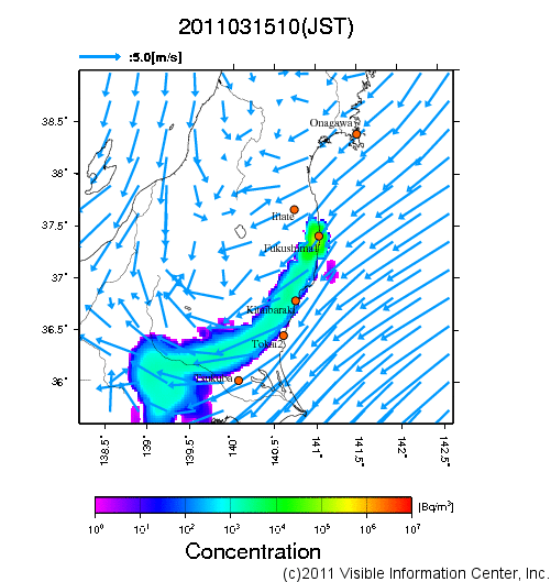 大気中濃度分布[Bq/m3]　2011031510