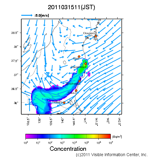 地表付近 大気中濃度分布[Bq/m3]　2011-03-15 11時