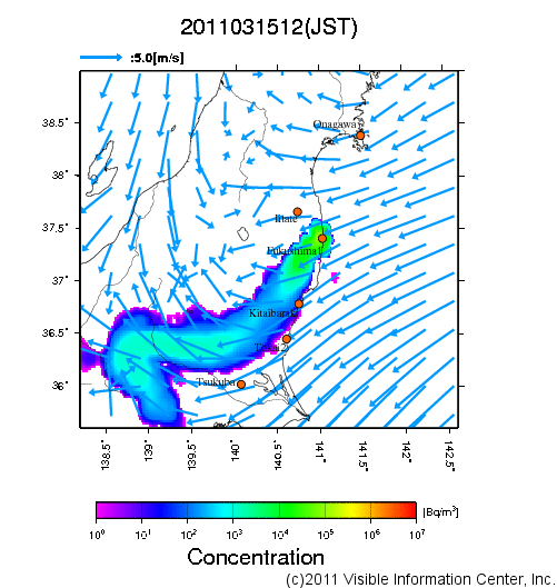 地表付近 大気中濃度分布[Bq/m3]　2011-03-15 12時