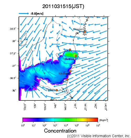 大気中濃度分布[Bq/m3]　2011031515