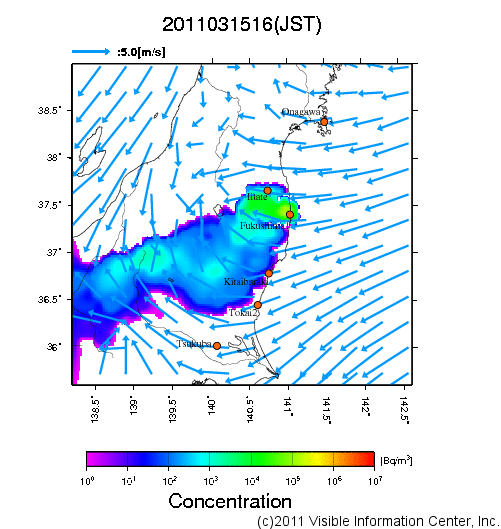 地表付近 大気中濃度分布[Bq/m3]　2011-03-15 16時