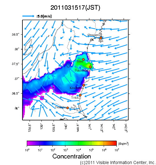 地表付近 大気中濃度分布[Bq/m3]　2011-03-15 17時