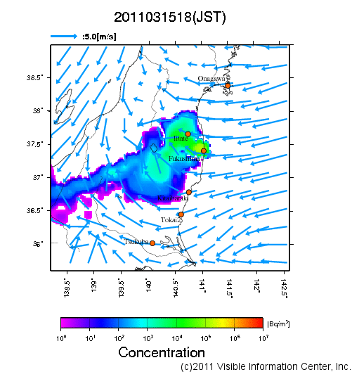 地表付近 大気中濃度分布[Bq/m3]　2011-03-15 18時