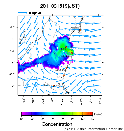 地表付近 大気中濃度分布[Bq/m3]　2011-03-15 19時